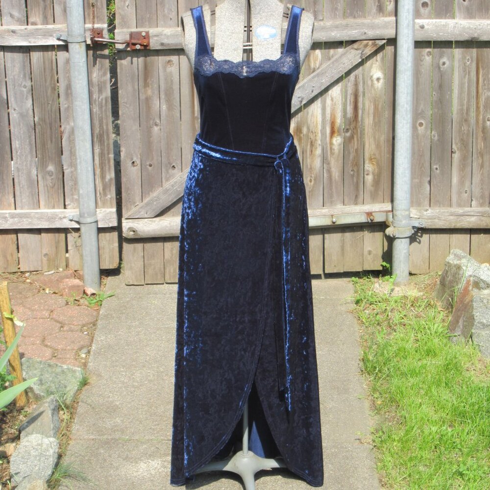 Blue Crushed Velvet Faux Wrap Skirt Long Maxi & Tank Top Party Prom EUC Gorgeous
